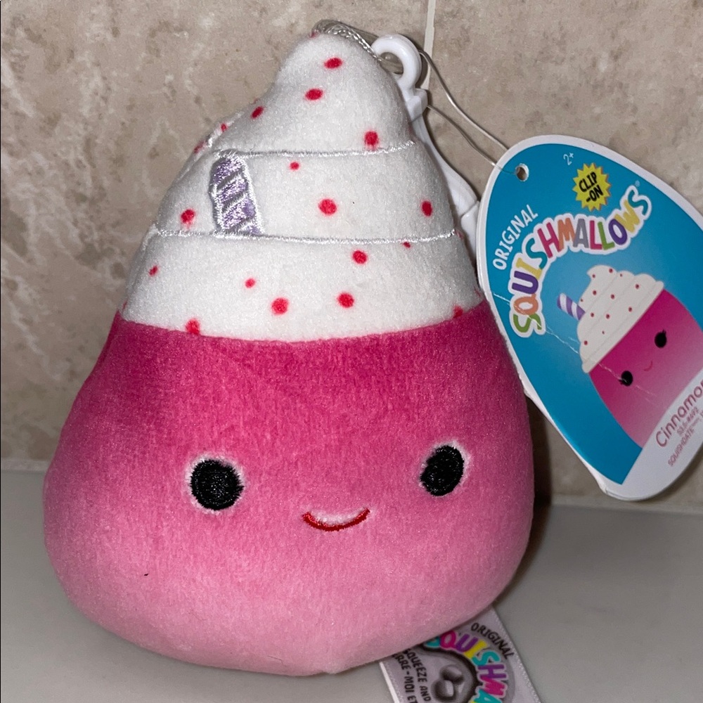 Squishmallows Cinnamon 3.5” Pink and White Milkshake Plush NWT Keychain Clip